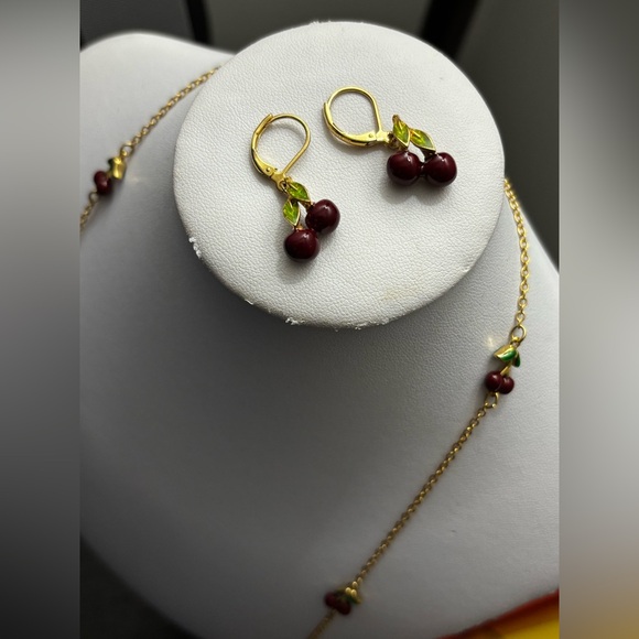 Joan River Custom Enamel Cherry Necklace and Earrings set - Picture 11 of 16